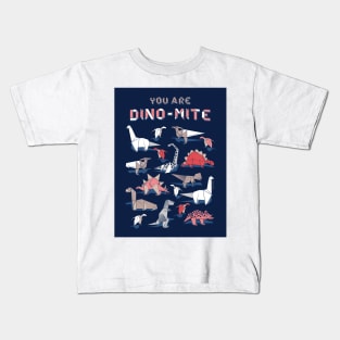 Origami dino friends // quote you're dino-mite // navy blue background red white and beige dinosaurs Kids T-Shirt